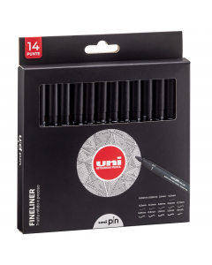Marcatore a penna a inchiostro pigmentato, resistente alla luce e all'acqua, per una lunga durata. Per un tratto preciso e nitido. Ideale per disegni tecnici e professionali. Fusto in plastica con cappuccio antisoffocamento. Astuccio con 14 gradazioni ass