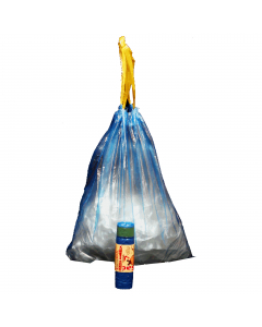 Sacchi pattumiera di colore azzurro con maniglie prendifacile gialle in MDPE rigenerato + PLT lineare. Formato 50x60cm 30Lt 13µ. In rotolo compatto da 15 sacchi con fascetta. Prodotto con alta resistenza meccanica.