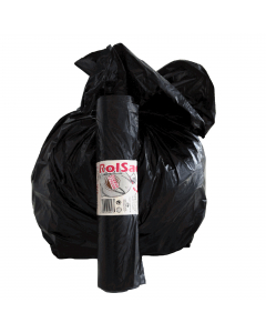Sacchi pattumiera di colore nero in MDPE rigenerato + PLT lineare. Formato 55x70cm 38Lt 19µ. In rotolo compatto da 30 sacchi con fascetta. Prodotto con alta resistenza meccanica.