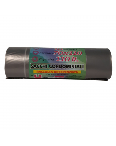 Sacchi pattumiera di colore grigio trasparente in MDPE rigenerato + PLT lineare. Formato 70x110cm 110Lt  22µ. In rotolo compatto da 10 sacchi con fascetta. Prodotto con alta resistenza meccanica. Adatti per la raccolta differenziata.