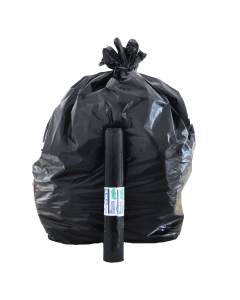 Sacchi pattumiera di colore nero in MDPE rigenerato + PLT lineare. Formato 70x110cmcm 110Lt  22µ. In rotolo compatto da 10 sacchi con fascetta. Prodotto con alta resistenza meccanica.