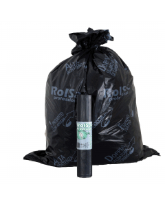 Sacchi pattumiera di colore nero in MDPE rigenerato + PLT lineare. Formato 72x110cm 110Lt  47µ. In rotolo compatto da 10 sacchi con fascetta. Prodotto con alta resistenza meccanica.