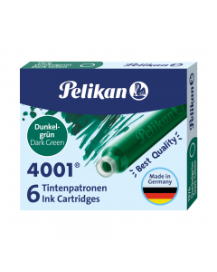 Cartucce adatte a qualunque stilografica. Inchiostro di ottima qualità. Permanente nei colori nero, rosso e verde; lavabile e cancellabile con cancellino Superpirat nel colore BluRoyal. Confezione da 6 cartucce. 
Colore: verde.