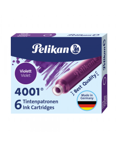 Cartucce adatte a qualunque stilografica. Inchiostro di ottima qualità. Permanente nei colori nero, rosso e verde- lavabile e cancellabile con cancellino Superpirat nel colore BluRoyal. Confezione da 6 cartucce. Colore: viola.