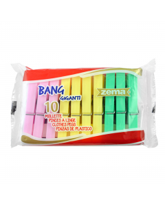 Confezione 10 mollette per la biancheria. In plastica. Fornite in colori assortiti: rosa giallo e verde.