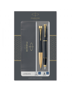Elegante set in confezione regalo che comprende penna a sfera M + stilografica M Urban Muted Black GT. Realizzate in acciaio inox con eleganti dettagli cromati. Dotate dell'iconica clip a freccia Parker. Fornite con refill colore blu.