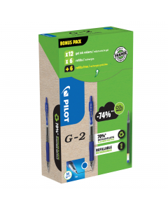 Green pack 12 penne + 12 refill roller ricaricabile con meccanismo a scatto. Inchiostro gel antisbavature resistente all’acqua. Fusto trasparente. Grip ergonomico. Clip e grip nel colore dell’inchiostro. 
Punta 0,7mm. Colore: blu