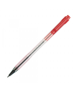 Penna a sfera a scatto con puntale in metallo. Fusto trasparente con scanalature antiscivolo. Sfera in carburo di tungsteno. Inchiostro a base d'olio.
Punta 1mm. Colore: rosso.