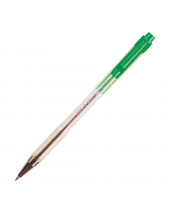 Penna a sfera a scatto con puntale in metallo. Fusto trasparente con scanalature antiscivolo. Sfera in carburo di tungsteno. Inchiostro a base d'olio. 
Punta 0,7mm. Colore: verde.