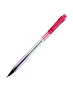 Penna a sfera a scatto con puntale in metallo. Fusto trasparente con scanalature antiscivolo. Sfera in carburo di tungsteno. Inchiostro a base d'olio. 
Punta 0,7mm. Colore: rosso.