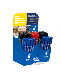 Espositore da banco con 60 marcatori multisuperficie con inchiostro ultra resistente a base d'olio che non scolora. Punta tonda 4.5mm, fusto in plastica. Colori assortiti: 24pz nero, 24pz blu e 12pz rosso.