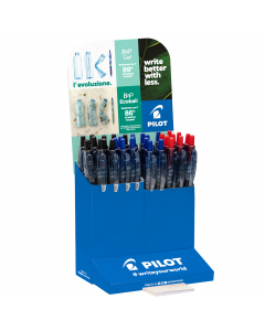 Espositore da banco con 25 penne a sfera ecologiche realizzate con almento 89% di plastica riciclata derivante da bottiglie. Punta media 1.0mm, ricaricabile. Colori assortiti: 10pz nero, 10pz blu e 5pz rosso.