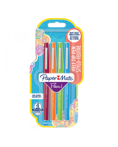 Busta 4 colori: turchese, fucsia, verde chiaro, arancio. Inchiostro a base d'acqua che non oltrepassa la carta, non macchia e non sbava. Fusto e cappuccio nel colore dell'inchiostro. Punta in fibra per maggior scorrevolezza. Punta 1,1mm.