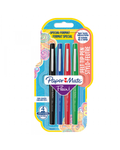 Busta 4 colori: nero, blu, rosso e verde. Inchiostro a base d'acqua che non oltrepassa la carta, non macchia e non sbava. Fusto e cappuccio nel colore dell'inchiostro. Punta in fibra per maggior scorrevolezza. Punta 1,1mm.