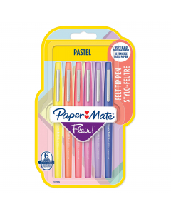 Blister 6 colori assortiti Pastel. Inchiostro a base d'acqua che non oltrepassa la carta, non macchia e non sbava. Punta in fibra per maggior scorrevolezza. Punta 1,1mm.