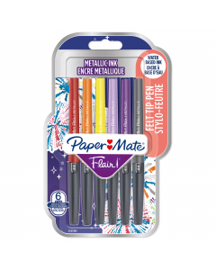 Blister 6 colori assortiti metallici. Inchiostro a base d'acqua che non oltrepassa la carta, non macchia e non sbava. Punta in fibra per maggior scorrevolezza. Punta 1,1mm.