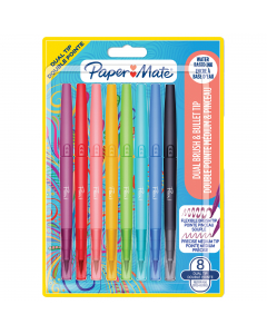 Pennarello con inchiostro a base d'acqua, non sbava e non oltrepassa la carta. Dotato di doppia punta: flessibile punta brush ideale per tutte le attività creative e punta media durevole e precisa ideale per scrivere e disegnare. 8 colori assortiti.