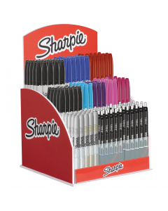 Espositore da banco con 12 marcatori Sharpie Fine colori assortiti nero, blu, rossso, magenta, turchese, viola, fucsia, argento e oro e 24 penne a sfera Sharpie Gel blu e nero.