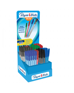Espositore da banco con 100 penne a sfera a scatto e 200 penne c/capuccio Inkjoy 100 in colori assortiti.