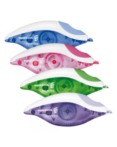 Impugnatura ergonomica in colori assortiti e morbida gomma. Nastro in materiale polimerico. Punta girevole. Confezione assortita in 4 colori: verde, rosa, viola, azzurro. Formato 5mm x 8,5mt.