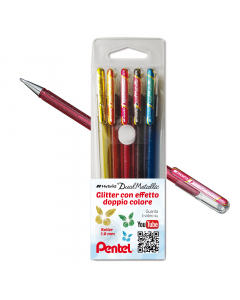 Astuccio 5 colori assortiti. Roller gel con inchiostro metallizzato doppio colore ad effetto glitter. Colori cangianti in base alle variazioni della luce. Scrive su fondi chiari e scuri, ideale per decorare colorare e per screapbooking.
Punta 1,0 mm.