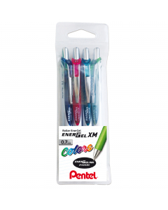 Roller EnerGel XM a scatto 0,7 mm con inchiostro colorato. Design elegante con clip e puntale in metallo. Grip in gomma nel colore di scrittura. Massima precisione nel tratto. Ricaricabile con refill LR7. Astuccio 4 colori: rosso, blu, verde e nero.