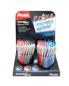 Espositore da banco con 120 penne Roller Energel fusto Slim punta 0,7mm. Assortimento in 12 colori: nero(36), rosso(12), blu(36), verde(4), marrone(4), arancio(4), rosa(4), azzurro(4), viola(4), verde chiaro(4), blu scuro(4) e turchese(4).