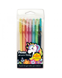 Roller gel punta media 0,8 mm con inchiostro pastello. Il nuovo inchiostro ad elevata opacità permette di decorare fondi sia chiari che scuri ottenendo colori accesi su carta bianca e pastello su carta nera. Ideale per scrapbooking. Scrive anche su carta 
