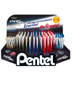 Espositore da banco con 120 penne Roller Energel fusto Slim punta 0,7mm.  Assortimento in 3 colori: nero(48), rosso(24), blu(48)