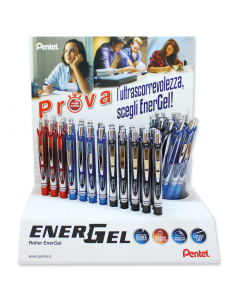 Espositore da banco con 48 roller Energel XM i 3 colori assortiti (rosso/nero/blu). Punta 0,7mm.