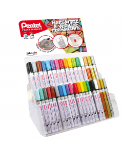 Espositore da banco con 72 marcatori a vernice assortiti in 19 colori e 2 versioni di punta (fine 1,5mm e media 2,5mm).
