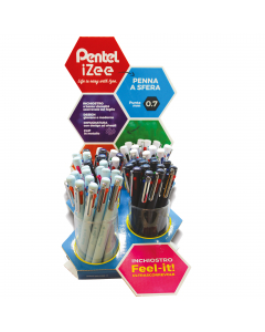 Espositore da banco con 36 penne a sfera iZee 4 colori. Assortimento di 3 versioni differenti.