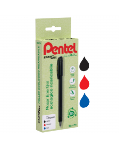 Roller a cappuccio con inchiostro Energel ultrascorrevole ad asciugatura istantanea. Realizzato con il 96% di materiale riciclato post-consumer. Punta 0,7 mm. Ricaricabile con refill LR7. Astuccio 3 colori (nero/rosso/blu).
