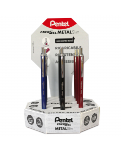Roller Energel fusto slim in metallo, ricaricabile, inchiostro nero: 
4 pz fusto nero, 4 pz fusto rosso, 4 pz fusto blu. 
+ 12 refill LR7 nero in omaggio.