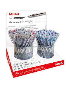 Espositore da banco con 96 penne a sfera punta 0,7mm. Assortimento in 3 colori: nero(48), rosso(12) e blu(36).