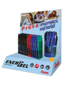 Espositore da banco con 60 roller a scatto punta 0,7mm. Assortimento in 4 colori assortiti: nero(24), rosso(6), blu(24) e verde(6).