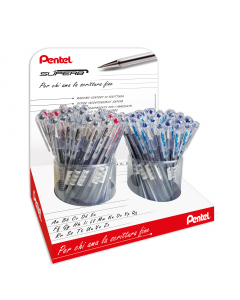Espositore da banco con 96 penne a sfera punta 0,7mm. Assortimento in 3 colori: nero(36), rosso(12) e blu(48).