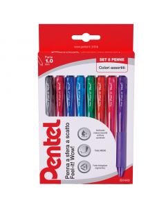 Astuccio da 8 colori. La penna a sfera Pentel WOW! dal design originale è a meccanismo a scatto laterale. Il fusto triangolare ergonomico favorisce l'impugnatura anche grazie al grip in gomma, per un ottimo comfort di scrittura. Asciugatura immediata. Pun