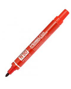 Marcatore professionale permanente con punta extra forte e fusto in metallo. Altà indelebilità dell'inchiostro. Adatto a tutte le superfici: legno, vetro, gomma, metallo, cartone, carta e plastica.Punta conica da 4,3mm-tonda. Colore: rosso.