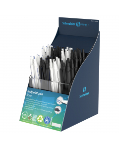 Espositore da banco con 60 penne a sfera realizzate per il 92% in plastica riciclata. Certificata Blue Angel. Colori assortiti nero e bianco/inchiostro blu e nero.