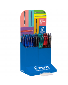 Espositore da banco con 48 penne sfera a scatto con inchiostro extra scorrevole e confortevole grip in gomma. Punta media 1,0mm. Colori assortiti: 18pz nero, 18pz blu, 6pz rosso e 6pz verde.