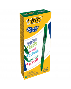 Penna gel cancellabile con tecnologia termosensibile. Fusto traslucido decorato con grip in gomma. Punta conica con tratto medio. Ricaricabile con refill GeloCity Illusion. 
Punta 0,7mm. Colore: verde.