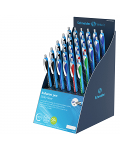 Assortimento di 30 Slider Rave (15 × blu; 10 × nero; 3 × rosso; 2 × verde)
Penna a sfera con tecnologia Viscoglide®
· Per una scrittura estremamente morbida e scorrevole
· Refill gigante Slider 755 XB sostituibile con punta in acciaio
inox resistente all'