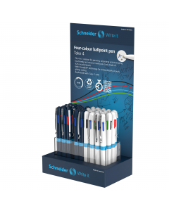 Penna a sfera a quattro colori. Scrive in nero, roso, blu e verde. Cambio scrittura rapido e agevole grazie ai pulsanti colorati. Realizzata per il 92% in plastica riciclata. Con tecnologia Viscoglide per una scrittura straordinariamente fluida e scorrevo