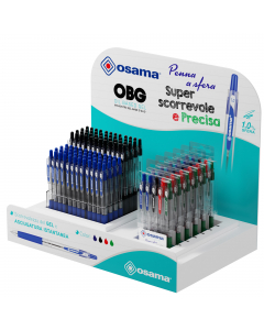 Espositore da banco con penne a sfera a inchiostro gel superscorrevole e ad asciugatura istantanea. Penne sfuse nei colori blu (48 pz) e nero (48 pz) e astucci (6 pz) di 5 penne nei colori: blu x 2, nero, rosso e verde.