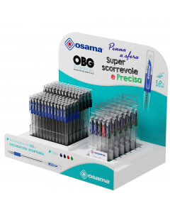 Espositore da banco con penne a sfera a inchiostro gel superscorrevole e ad asciugatura istantanea. Penne sfuse nei colori blu (48 pz) e nero (48 pz) e astucci (6 pz) di 5 penne nei colori: blu x 2, nero, rosso e verde.