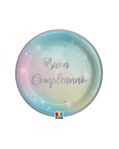 Piatti in carta con scritta Buon Compleanno Soft Rainbow. Diametro Ø18cm.