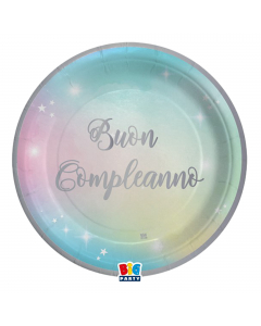 Piatti in carta con scritta Buon Compleanno Soft Rainbow. Diametro Ø24cm.