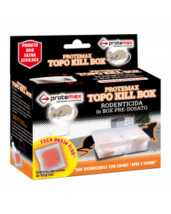Box predosato con esca peer topi altamente appetibile ed efficace. Esca rodenticida in pasta fluo inserita in un contenitore di sicurezza in plastica trasparente, dotato di chiave per l’apertura e chiusura. Una volta consumata l’esca il contenitore può es