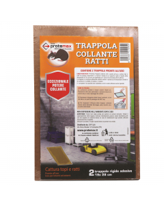 Blister contenente 2 tavolette rigide in faesite con dimensioni cm 19x28 cm pre-spalmate di colla ad alto potere adesivo, idonee alla cattura di topi e ratti. Si consiglia l’aggiunta al centro della trappola di esche alimentari (formaggio-pane-frutta) per